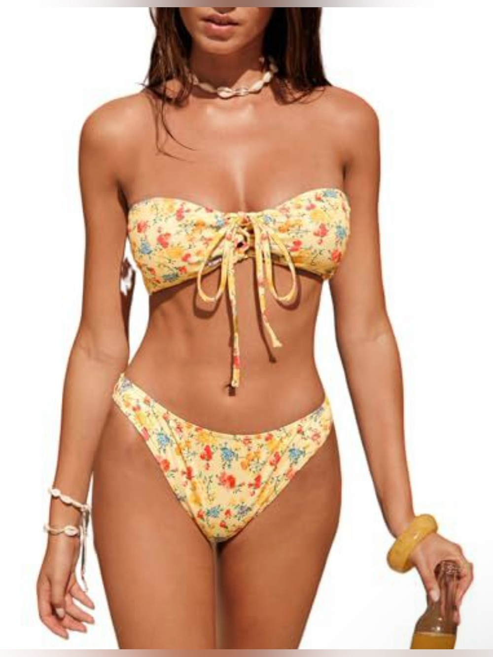 Womens Bandeau Tie Front Floral Ribbed Bikini Set Strapless Two Piece Swimsuit
